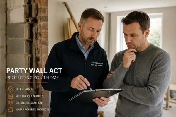 Party wall surveyor Sutton-In-Ashfield discussing extension plans with homeowner outside a UK semi-detached house.